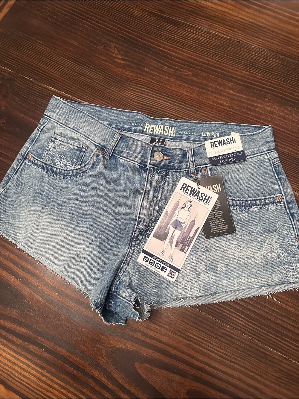 REWASH Light Blue Paisley-Accent Denim Shorts